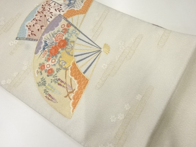 JAPANESE KIMONO / ANTIQUE FUKURO OBI / SILK / WOVEN FOLDING FAN & FLORAL CART & BRIDGE